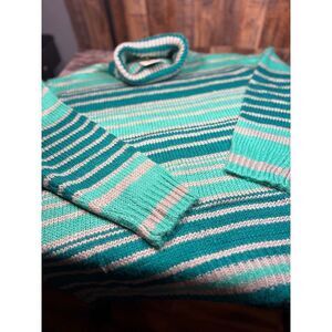 Impressions Teal & Gray Striped Chunky Knit Turtleneck Sweater – Size M